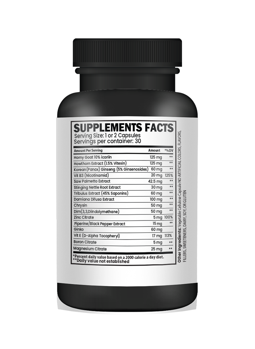 Testosterone Booster 60 Capsules with Horny Goat Weed + Korean Ginseng + Tribulus. Ultimate Male Enhancing Supplement for Blood Flow, Stamina, Muscle Mass.