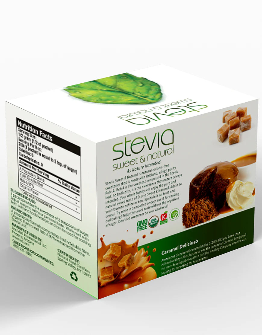 Caramel Delicioso Organic Caramel Stevia Powder in Packets. 100% Natural Sweetener, 100% Pure Extract, Zero Calorie, 0 Carbs, Diabetic & Keto Friendly