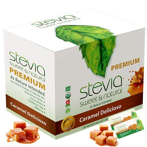 Caramel Delicioso Organic Caramel Stevia Powder in Packets. 100% Natural Sweetener, 100% Pure Extract, Zero Calorie, 0 Carbs, Diabetic & Keto Friendly